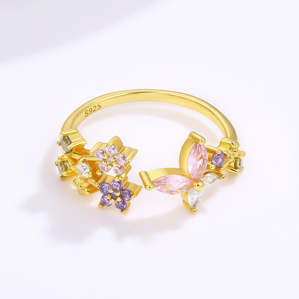 Anillo de Aleación Bañado en Oro con Cristal Emporia® Rosa y Cristal Emporia® Púrpura