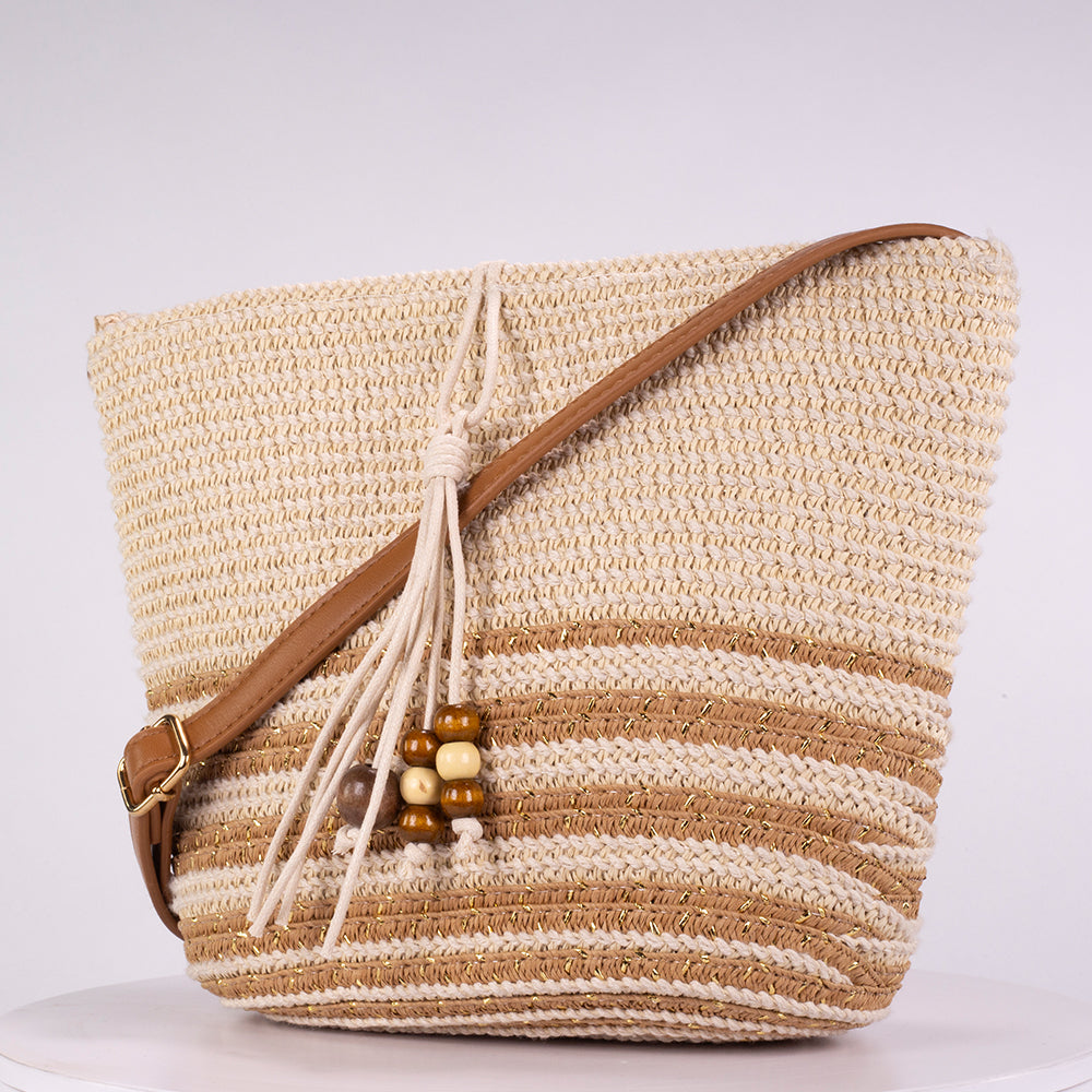 Bolso pequeño de paja con borla decorativa de cuentas de madera – 25 × 18 × 10 cm