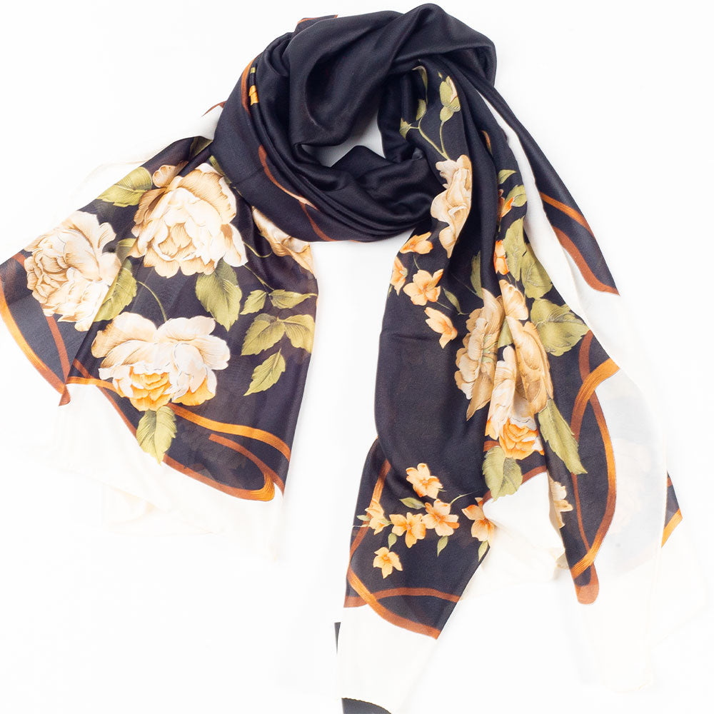 Bufanda lienzo y floración, 85 x 180 cms, negro, 100% seda vegana