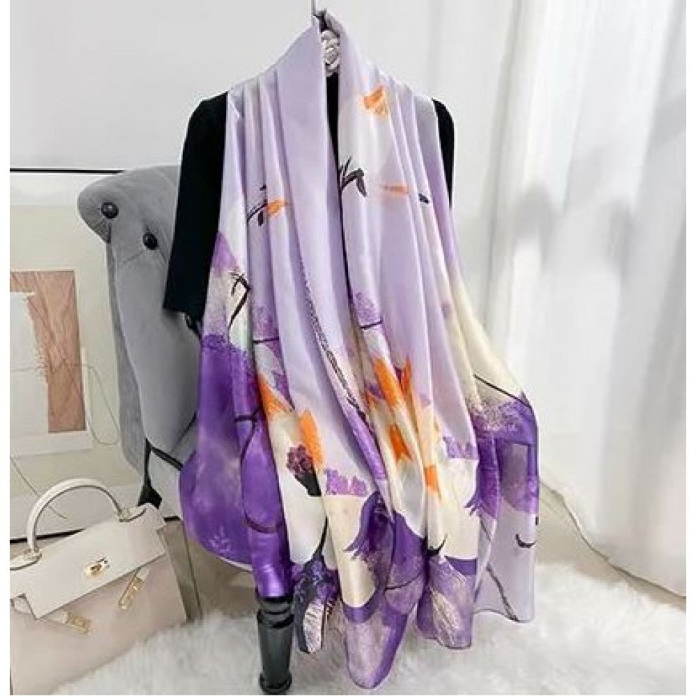 Bufanda con estampado de loto nocturno, color morado, 85 × 180 cm, 100 % seda vegana.