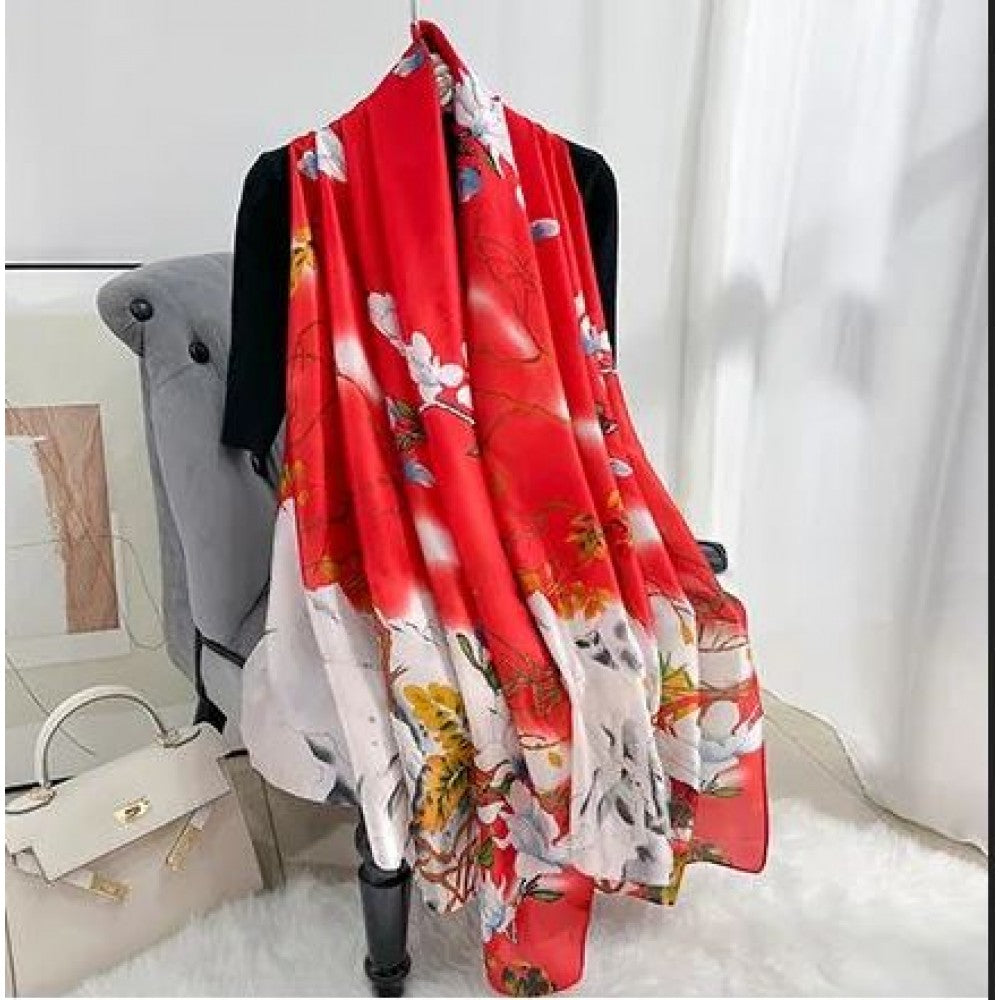 Bufanda estampada inspirada en el Jardín del Edén, roja, 85 × 180 cm, 100 % seda vegana.