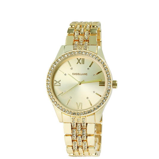 Excelland reloj de mujer de color oro con pulsera de metal,cierre desplegable y cristales.