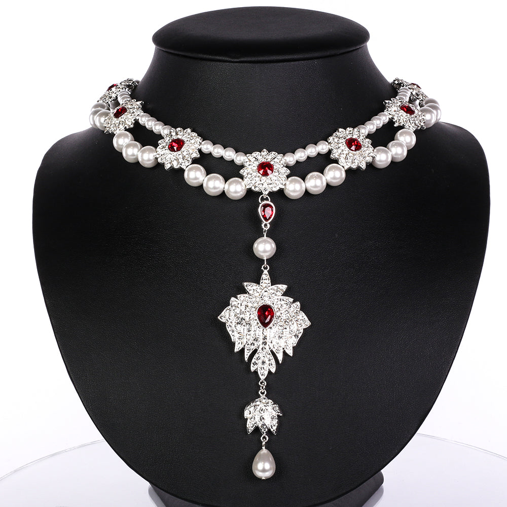 Conjunto de Aleación Bañado en Oro con Perla de cristal y Cristal Emporia® Blanco ( Collar +Pendientes )