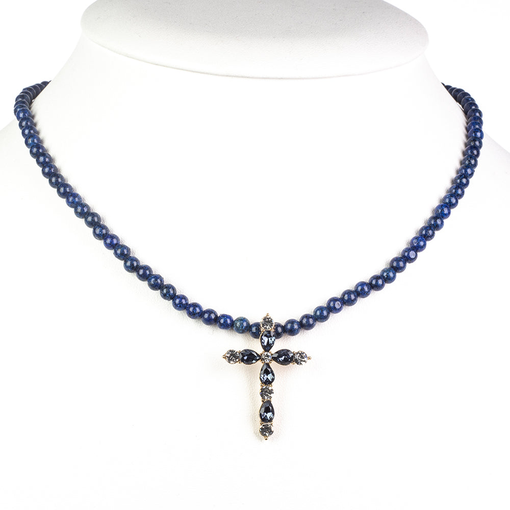 Cruz Collar de Aleación Bañado en Oro con Lapislázuli y Cristal Emporia® Azul ( Collar +Colgante )