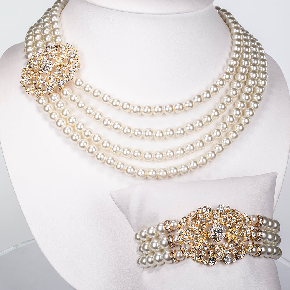 Conjunto de Aleación Bañado en Oro con Perla de cristal y Cristal Emporia® Blanco ( Collar +Pulsera )