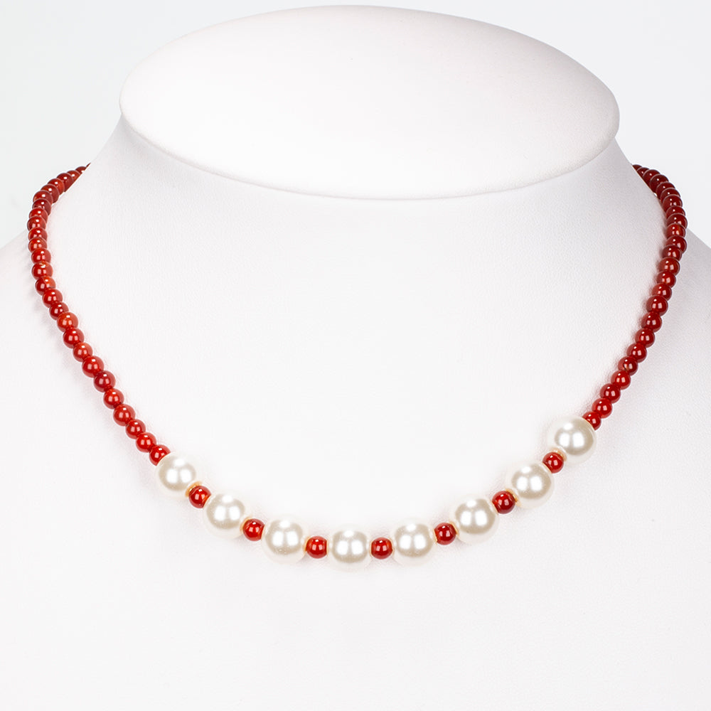Collar de Aleación Bañado en Oro con Ágata Roja y Perla de cristal