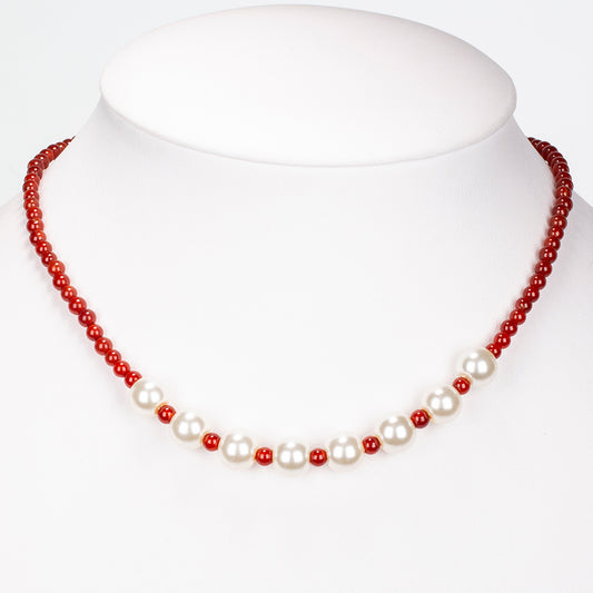 Collar de Aleación Bañado en Oro con Ágata Roja y Perla de cristal