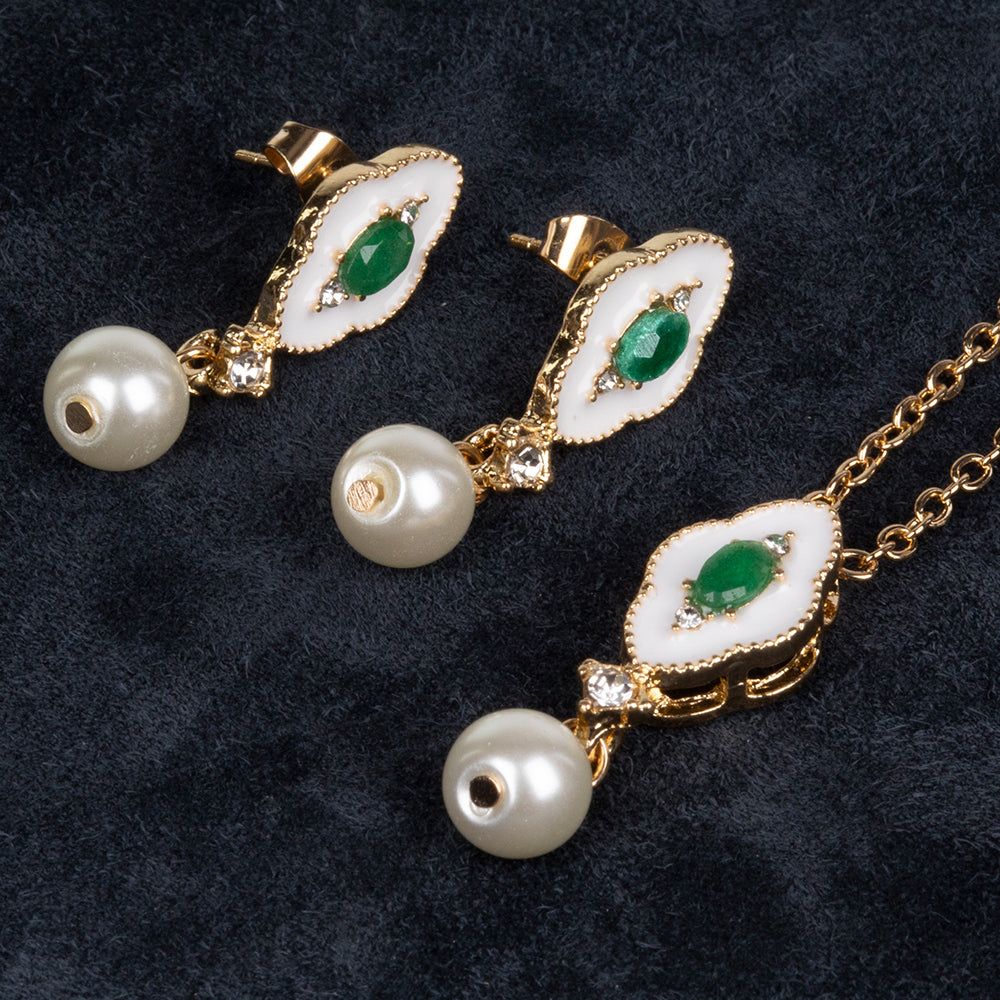 Conjunto de Aleación Bañado en Oro con Esmeralda y Perla de cristal ( Collar +Pendientes +Colgante )