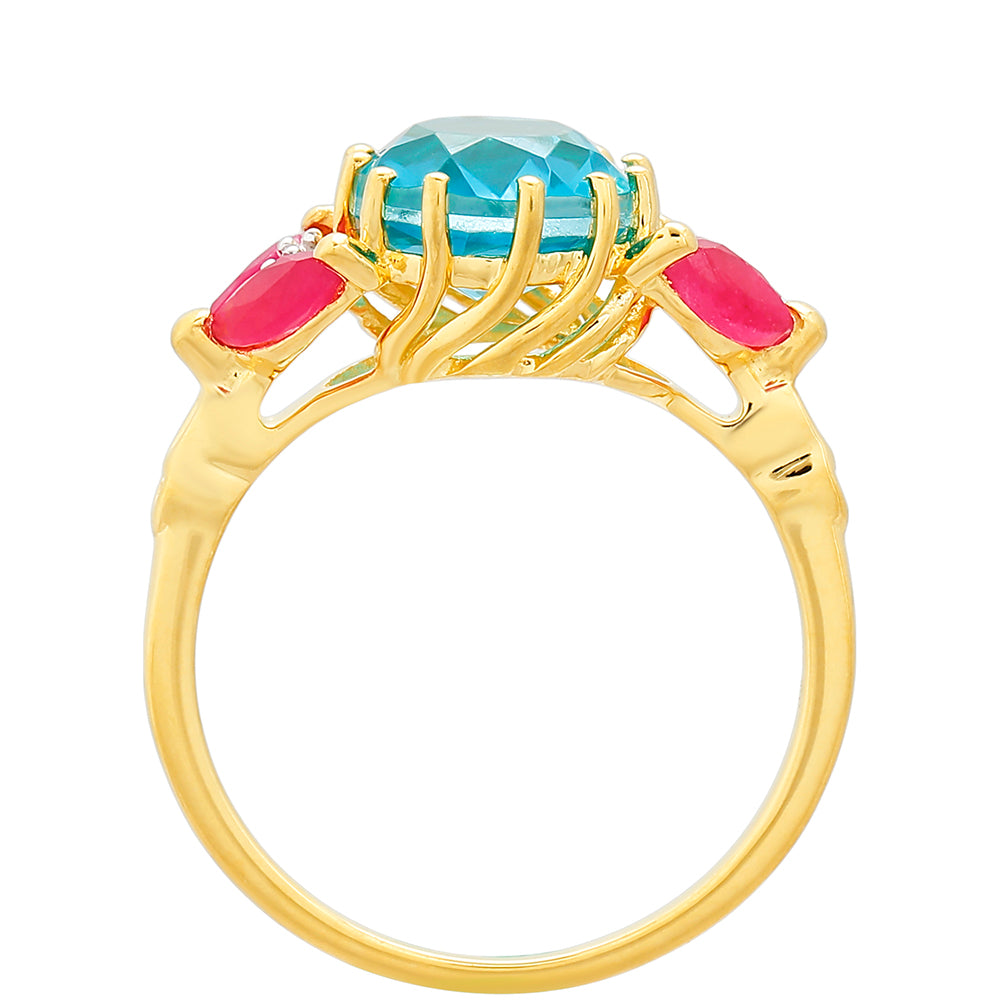 Anillo de Plata Bañada en Oro con Cuarzo Paraiba y Cuarzo Rojo