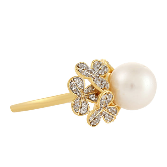 Anillo de Plata Bañada en Oro con Perla Barroca Cultivada de Agua Dulce y Topacio Blanco