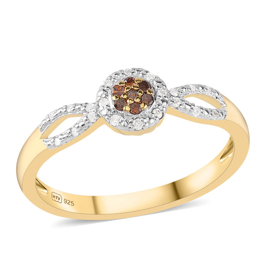 Anillo de Plata Bañada en Oro con Diamante Rojo y Diamante blanco