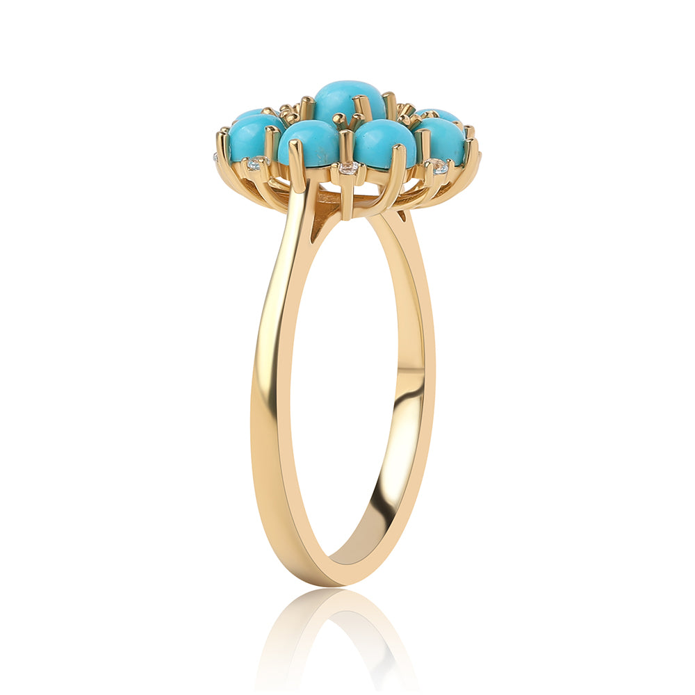 Anillo de Plata Bañada en Oro con Turquesa Bella Durmiente y Topacio Blanco