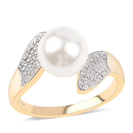 Anillo de Plata Bañada en Oro con Perla blanca de agua dulce y Topacio Blanco