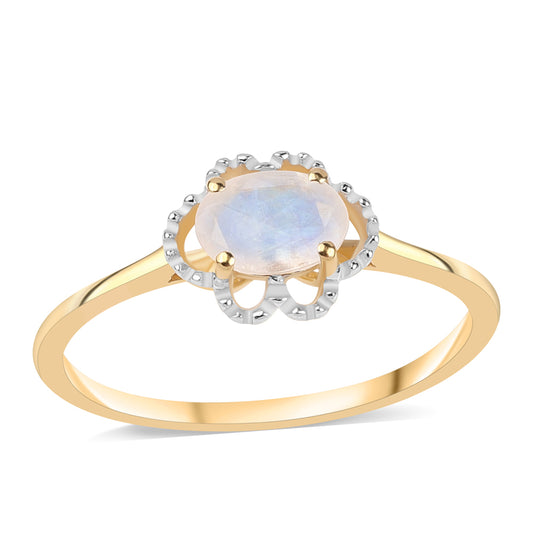 Anillo de Plata Bañada en Oro con Piedra de Luna de arcoiris AA