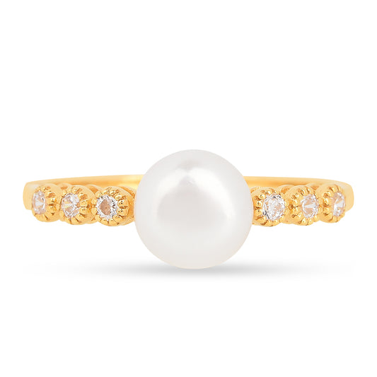Anillo de Plata Bañada en Oro con Perla de Agua Dulce Crema y Zircón Blanco
