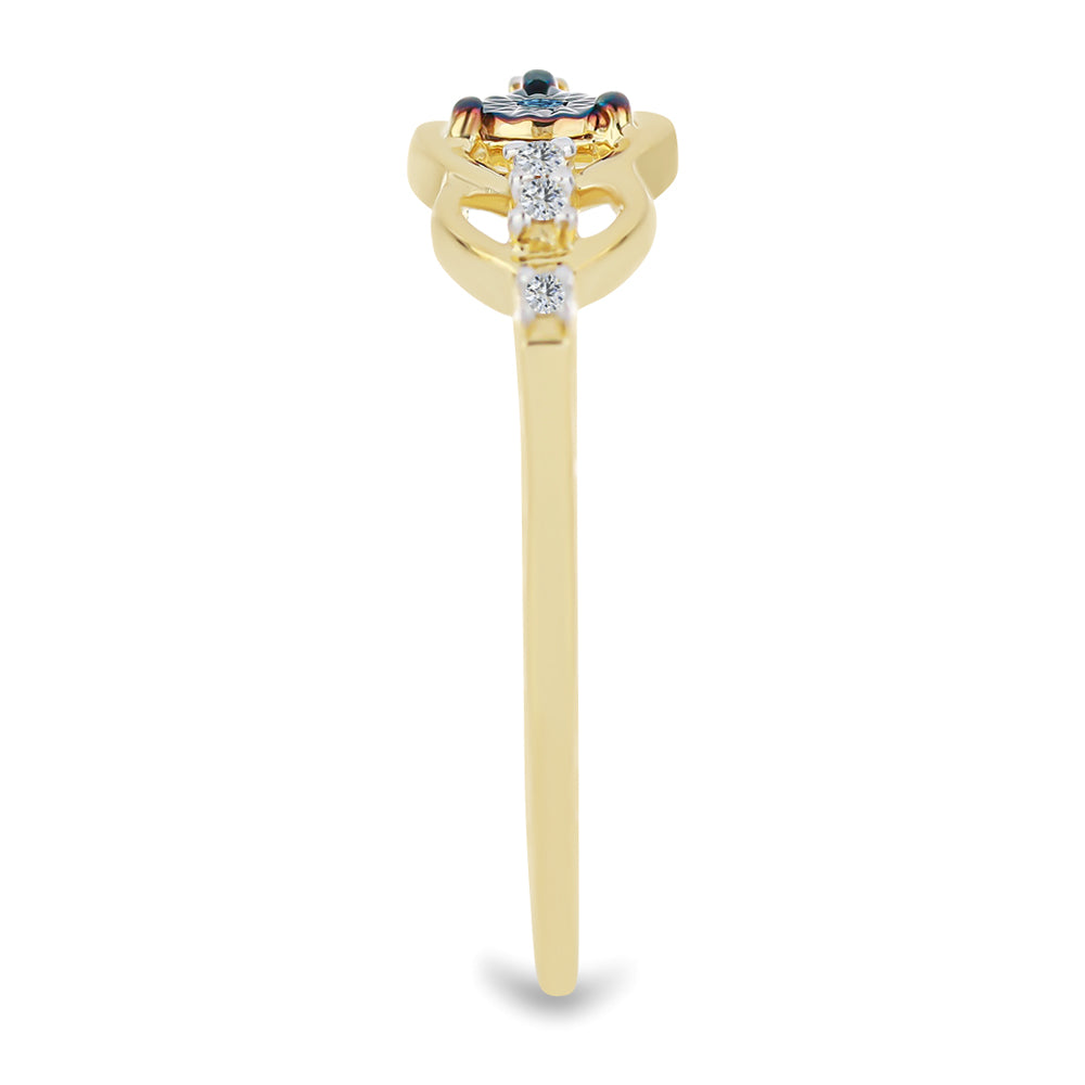 Anillo de Plata Bañada en Oro con Diamante Azul y Zircón Blanco