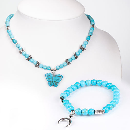 Conjunto de Aleación Bañado en Oro con Turquesa ( Collar +Pulsera )