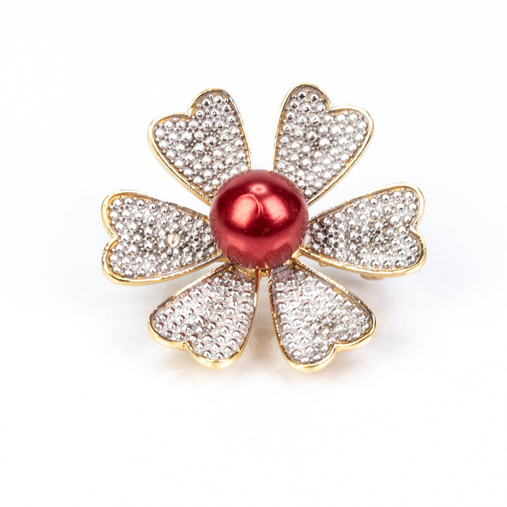 Broche de Plata Bañada en Oro con Perla roja de río y Topacio Blanco