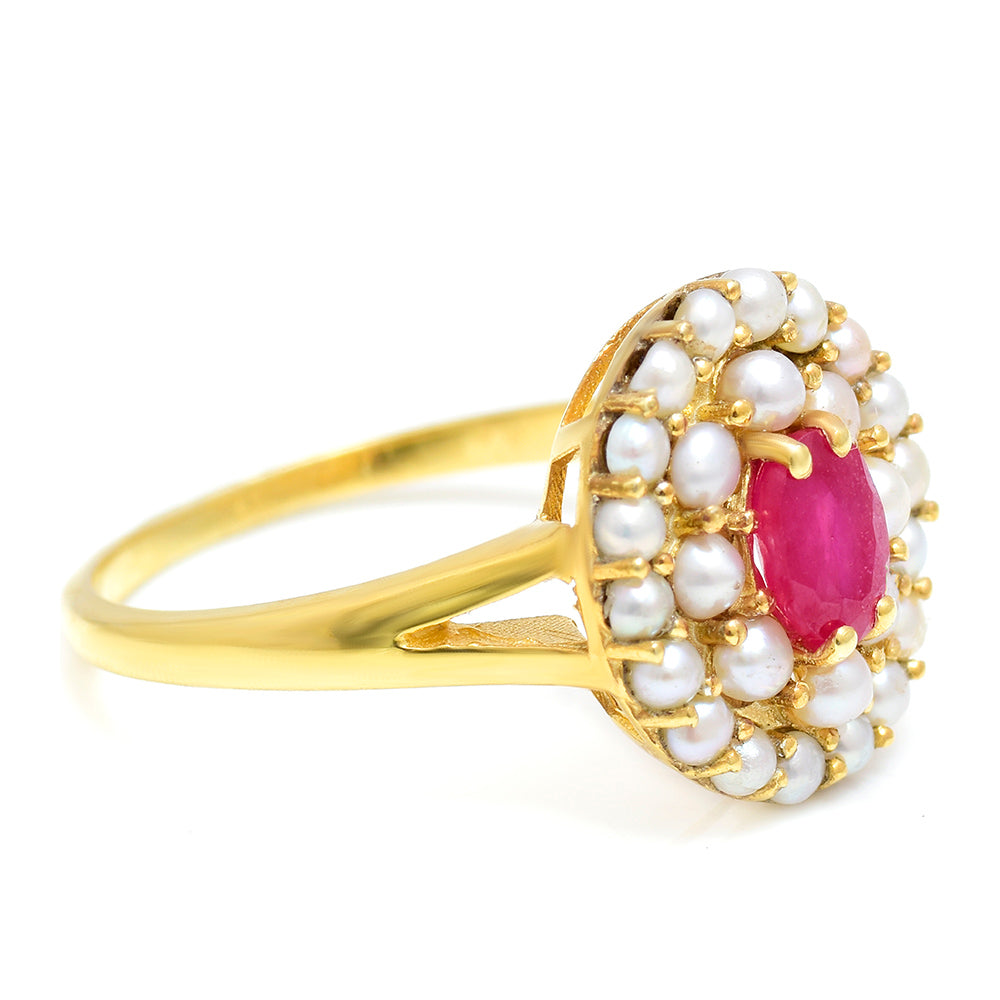 Anillo de Plata Bañada en Oro con Rubí de Madagascar y Perla blanca de agua dulce