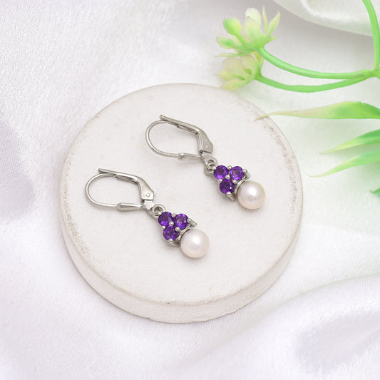 Pendientes de Plata con Amatista de Marruecos y Perla blanca de agua dulce