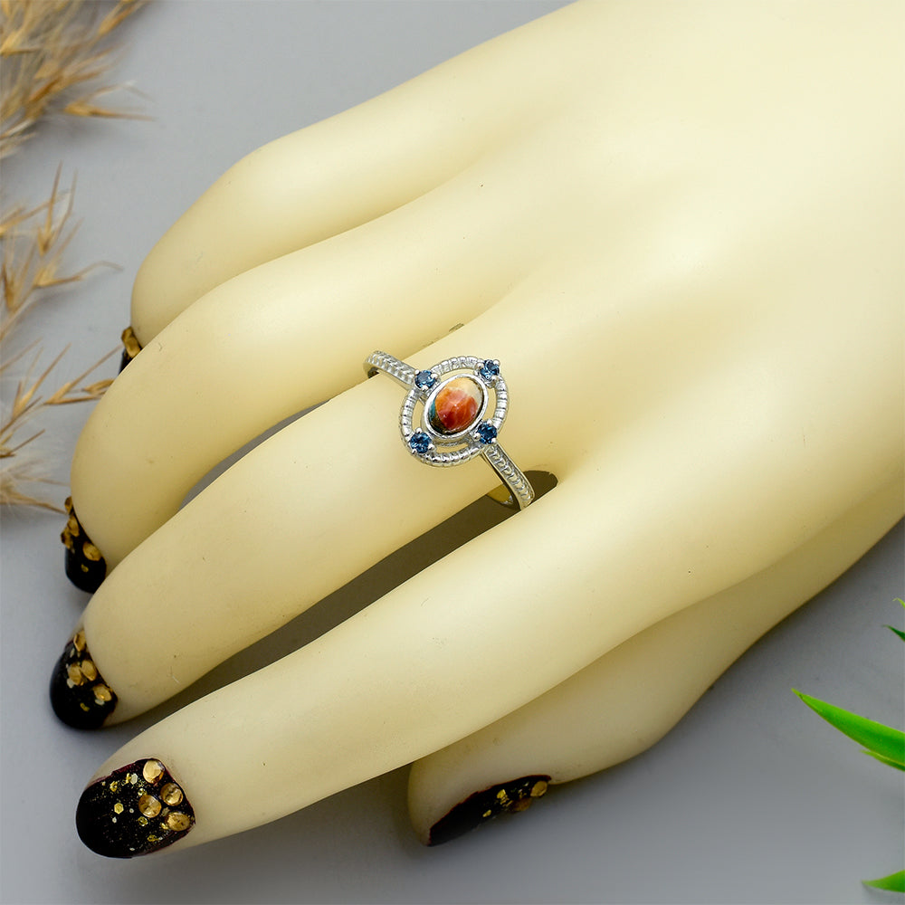 Anillo de Plata con Turquesa Ostra y Topacio Blanco