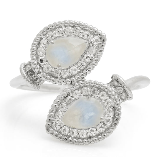Anillo de Plata con Piedra Lunar Arco Iris y Topacio Blanco