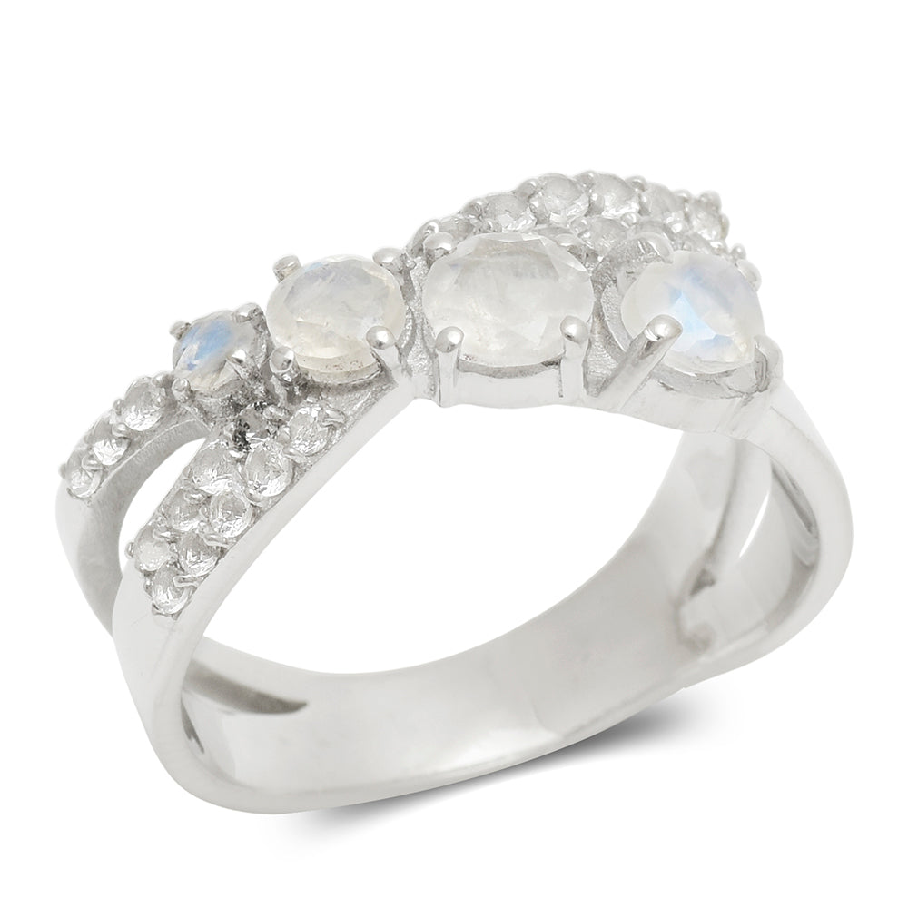 Anillo de Plata con Piedra Lunar Arco Iris y Topacio Blanco