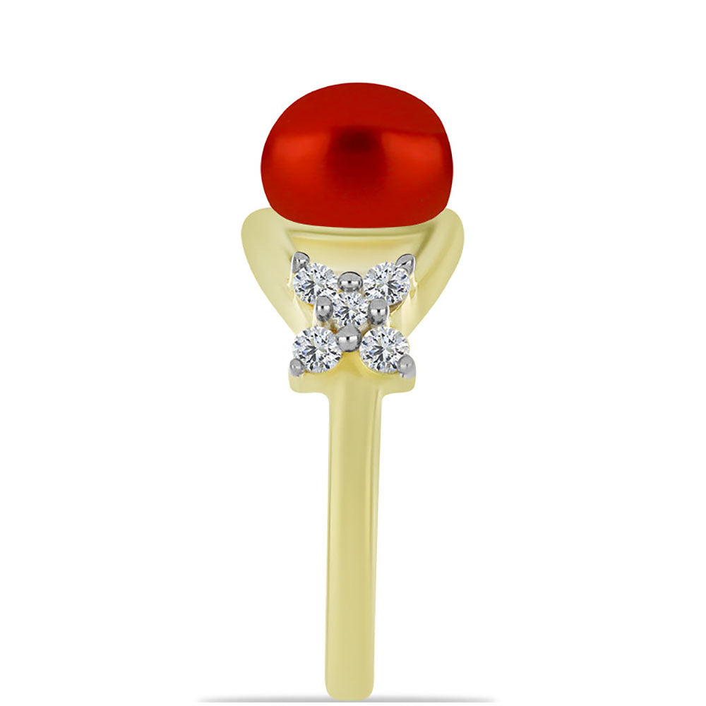 Anillo de Plata Bañada en Oro con Perla roja de río y Topacio Blanco