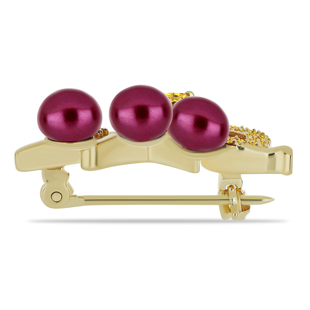 Broche de Plata Bañada en Oro con Perla Púrpura de Agua dulce y Citrino de los Montes Urales