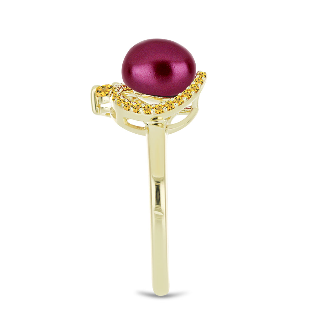 Anillo de Plata Bañada en Oro con Perla Púrpura de Agua dulce y Citrino de los Montes Urales