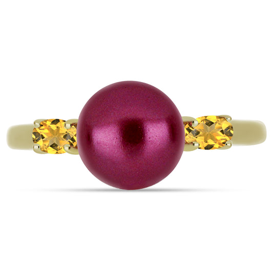 Anillo de Plata Bañada en Oro con Perla Púrpura de Agua dulce y Citrino de los Montes Urales