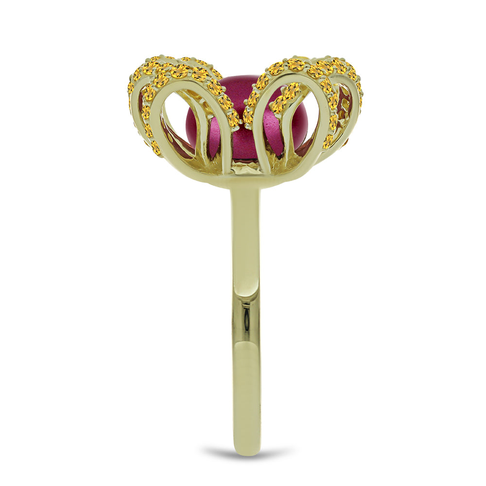 Anillo de Plata Bañada en Oro con Perla Púrpura de Agua dulce y Citrino de los Montes Urales