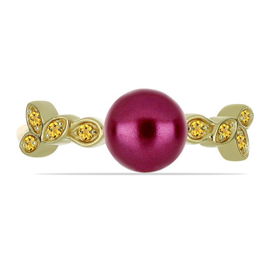 Anillo de Plata Bañada en Oro con Perla Púrpura de Agua dulce y Citrino de los Montes Urales