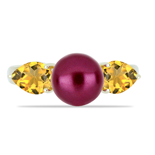 Anillo de Plata Bañada en Oro con Perla Púrpura de Agua dulce y Citrino de los Montes Urales