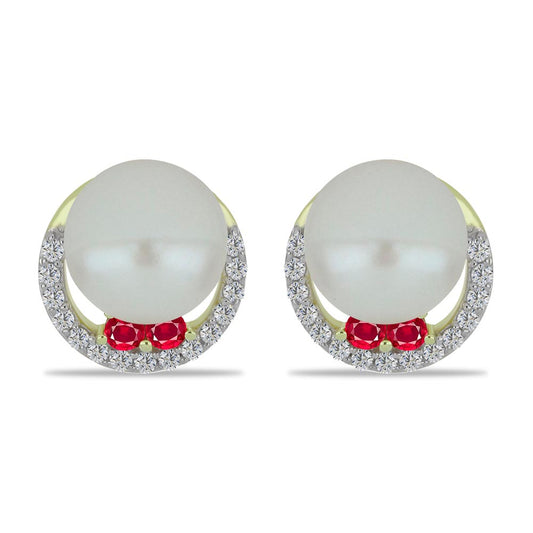 Pendientes de Plata Bañada en Oro con Perla de Agua Dulce y Rubí de Madagascar