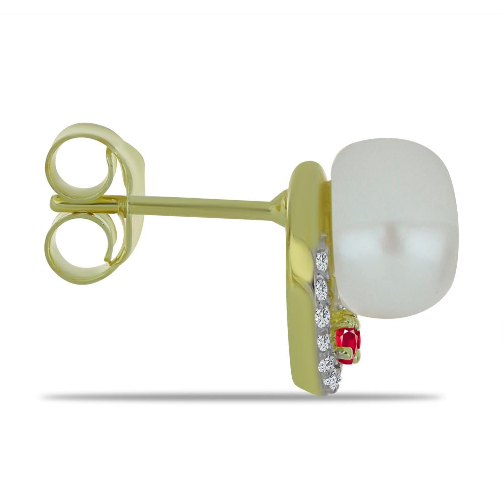 Pendientes de Plata Bañada en Oro con Perla de Agua Dulce y Rubí de Madagascar