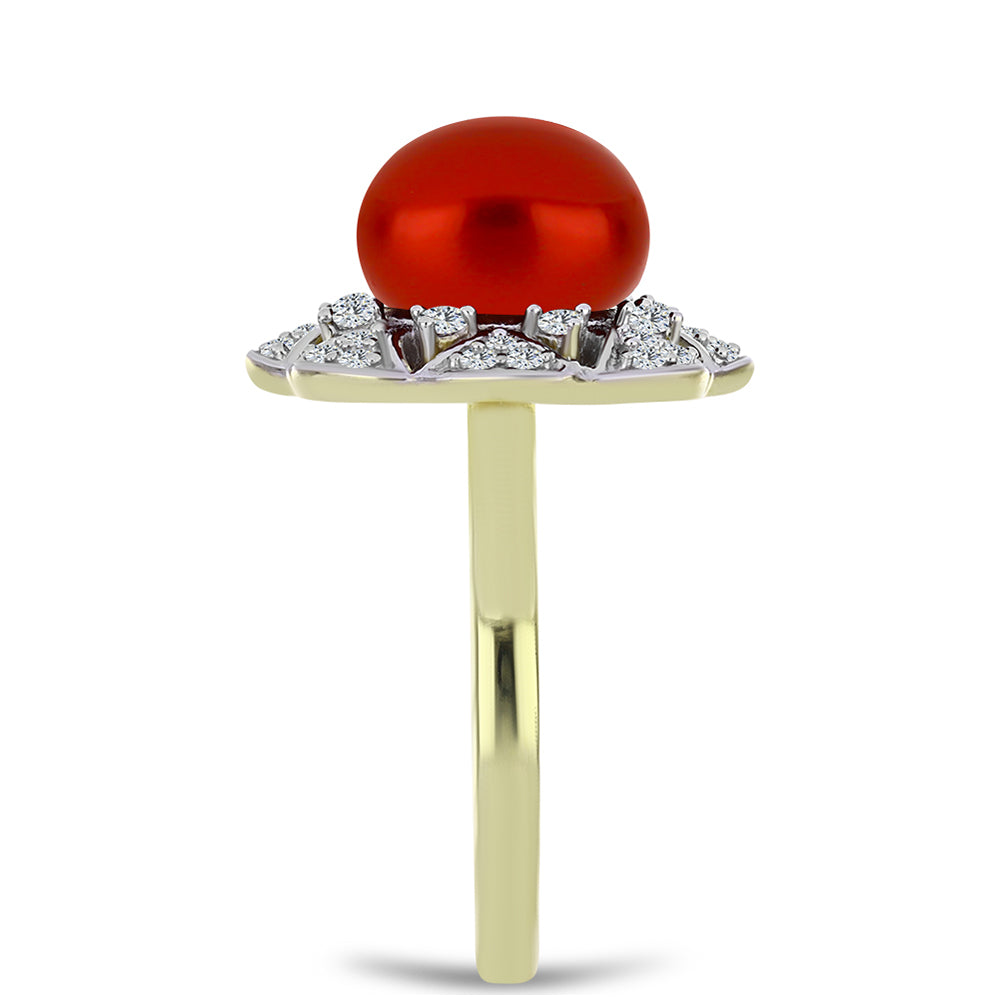 Anillo de Plata Bañada en Oro con Perla roja de río y Topacio Blanco