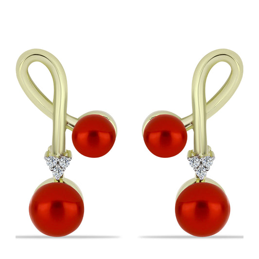 Pendientes de Plata Bañada en Oro con Perla roja de río y Topacio Blanco