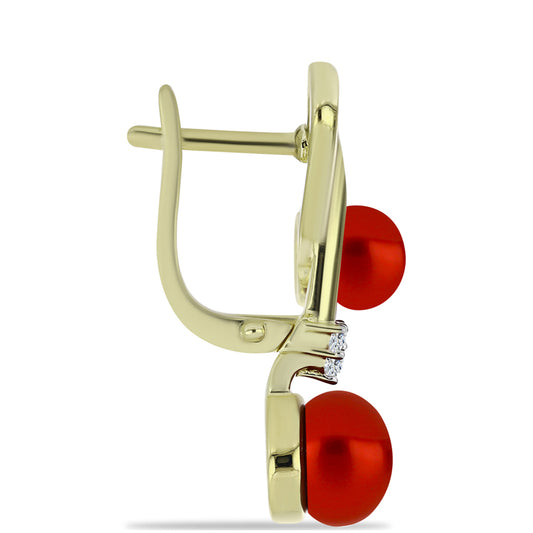 Pendientes de Plata Bañada en Oro con Perla roja de río y Topacio Blanco