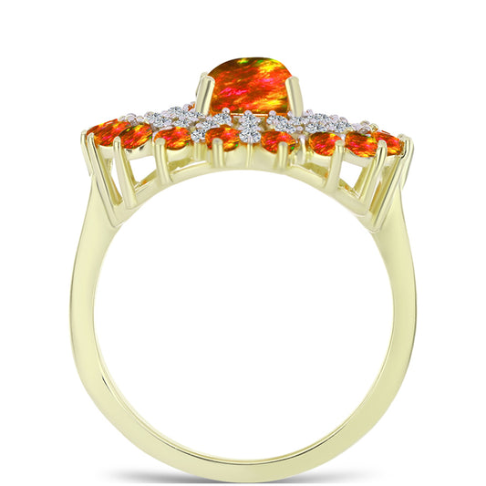 Anillo de Plata Bañada en Oro con Ópalo de fuego americano y Topacio Blanco