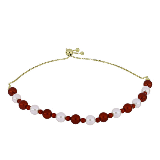 Pulsera de Plata Bañada en Oro con Perla roja de río y Perla blanca de agua dulce
