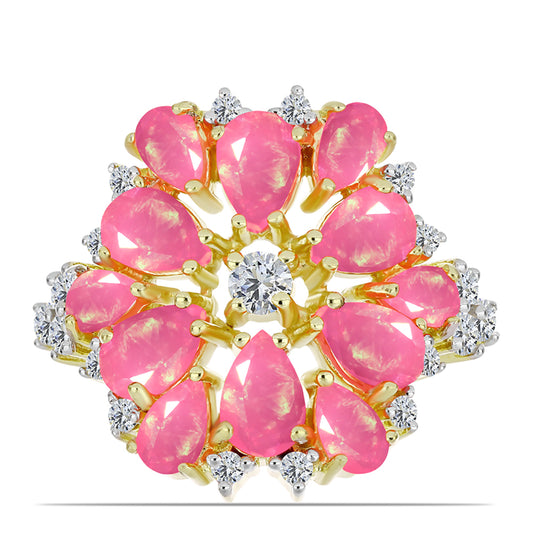 Anillo de Plata Bañada en Oro con Ópalo Rosa Etíope de Lega Dembi y Topacio Blanco