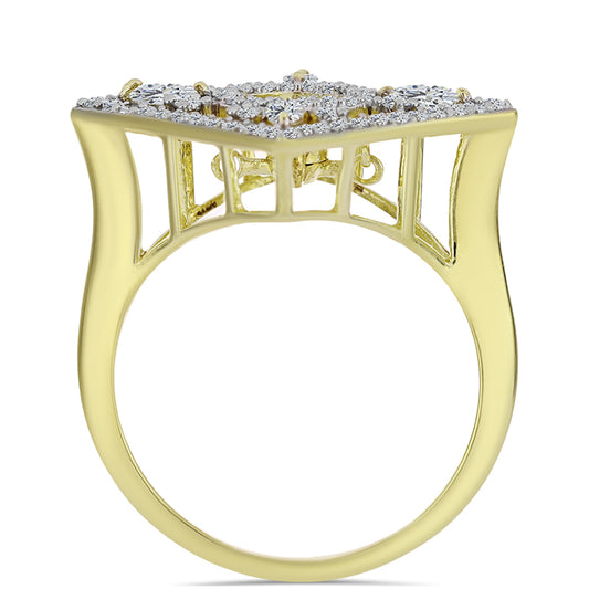 Anillo de Plata Bañada en Oro con Diamante azul danzante y Topacio Blanco