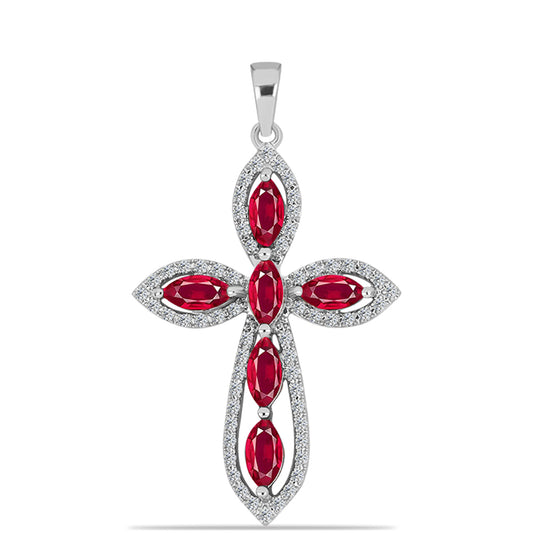 Cruz Colgante de Plata con Rubí de Madagascar y Topacio Blanco