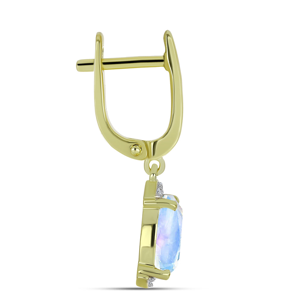 Pendientes de Plata Bañada en Oro con Piedra Lunar Arco Iris y Topacio Blanco