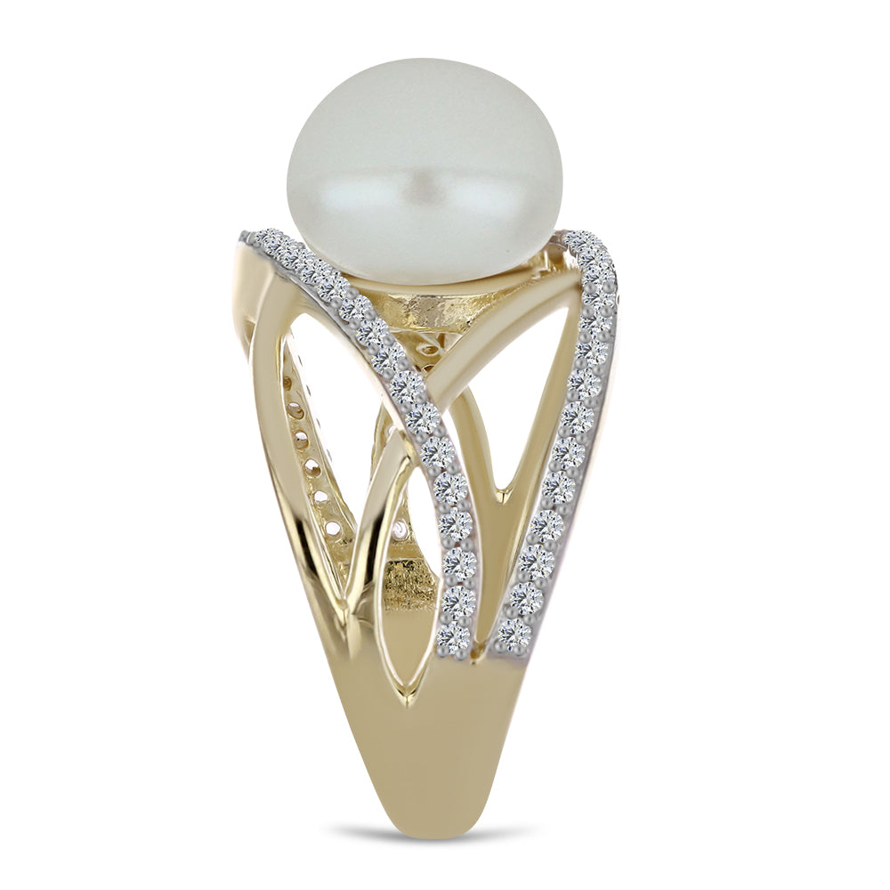 Anillo de Plata Bañada en Oro con Perla blanca de agua dulce y Topacio Blanco