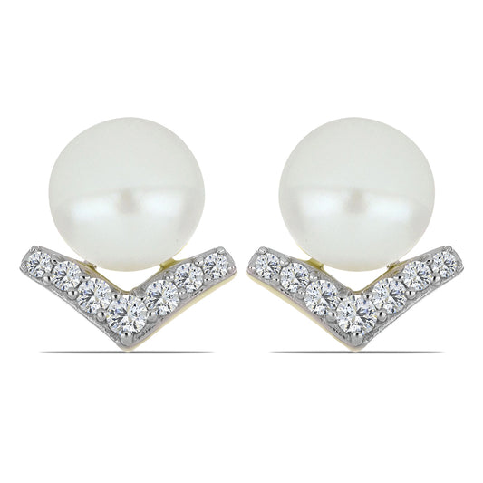 Pendientes de Plata Bañada en Oro con Perla blanca de agua dulce y Topacio Blanco