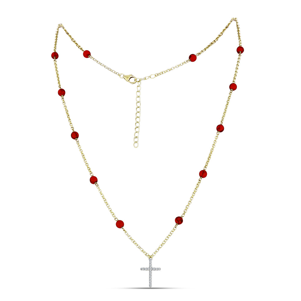 Collar de Plata Bañada en Oro con Coral de Esponja Roja y Topacio Blanco