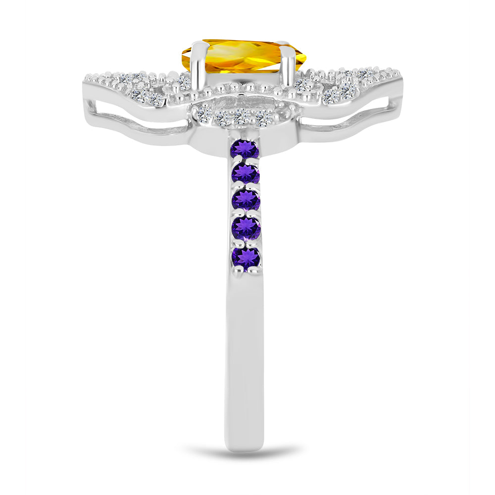 Anillo de Plata con Citrino de los Montes Urales y Amatista de Marruecos