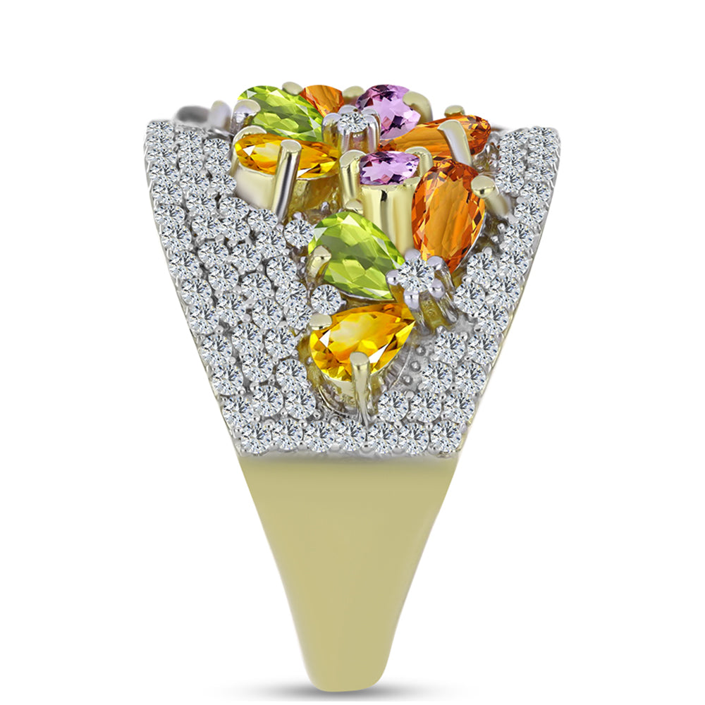 Anillo de Plata Bañada en Oro con Zafiro Arco Iris y Topacio Blanco